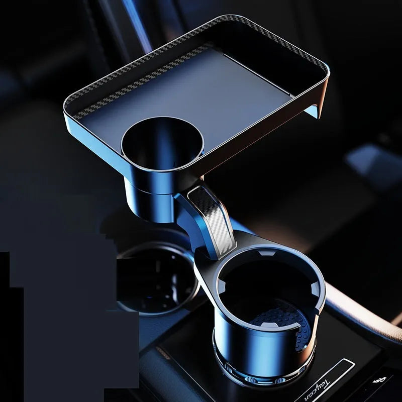 Black ABS plastic car dinner tray holder rotating in a vehicle cup holder.