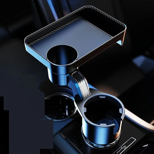 Black ABS plastic car dinner tray holder rotating in a vehicle cup holder.