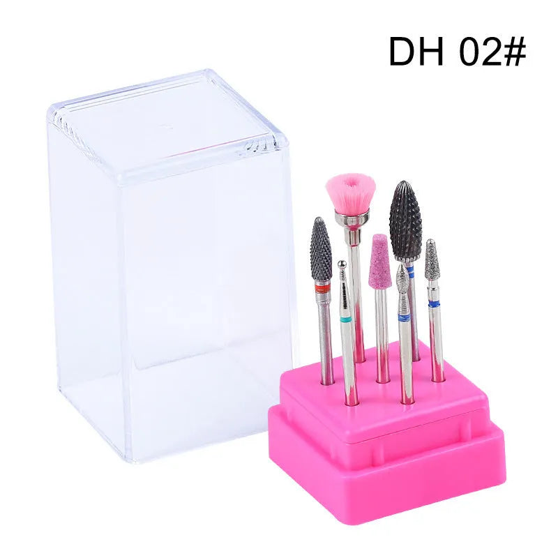 Tungsten steel nail drill bit set with 7 pieces including bits and brush in a clear case.