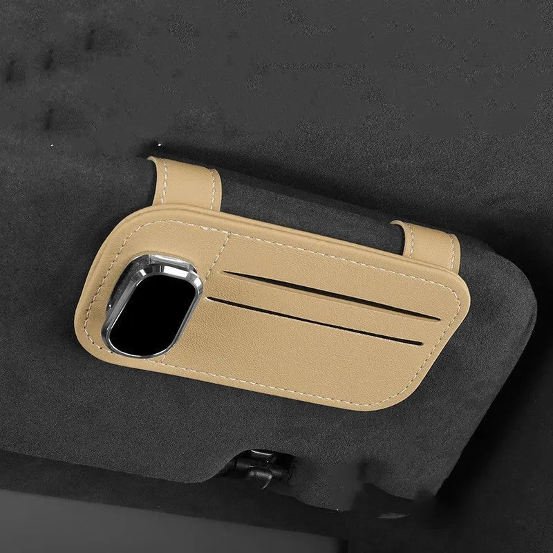 Cowhide leather car sun visor card holder with glasses clip in choice of five colours.