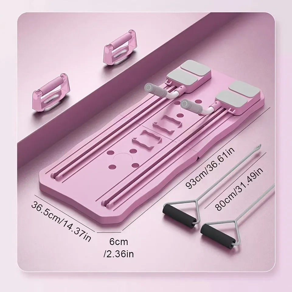Blue and pink multifunctional ABS supine fitness board with wheel for home core workouts.