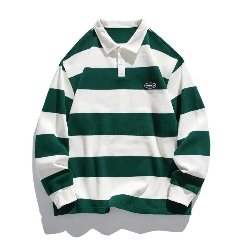 Long sleeve polo shirt in pearl cotton fabric with lapel collar and loose fit design