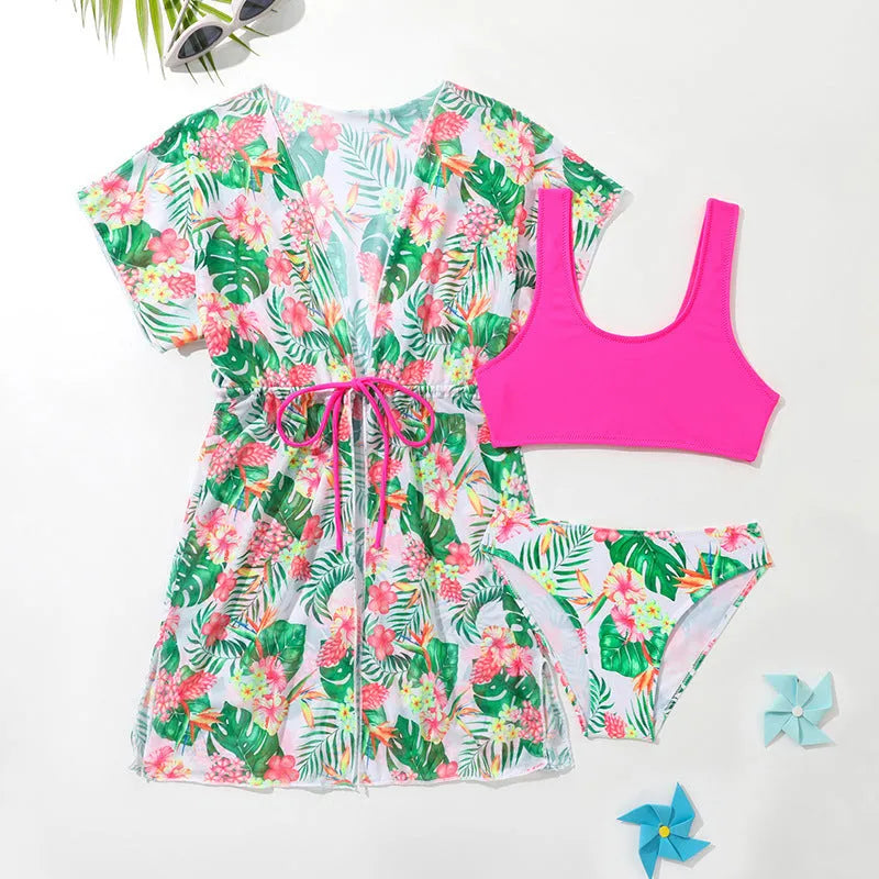 Girls' floral printed two-piece swimsuit with swim top and bikini bottom in high-elasticity polyester