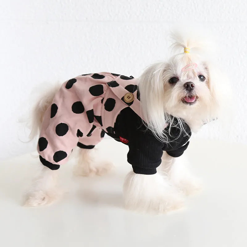 Lapel shoulder strap couple pet clothes set showing four-legged and skirt style options for dogs.