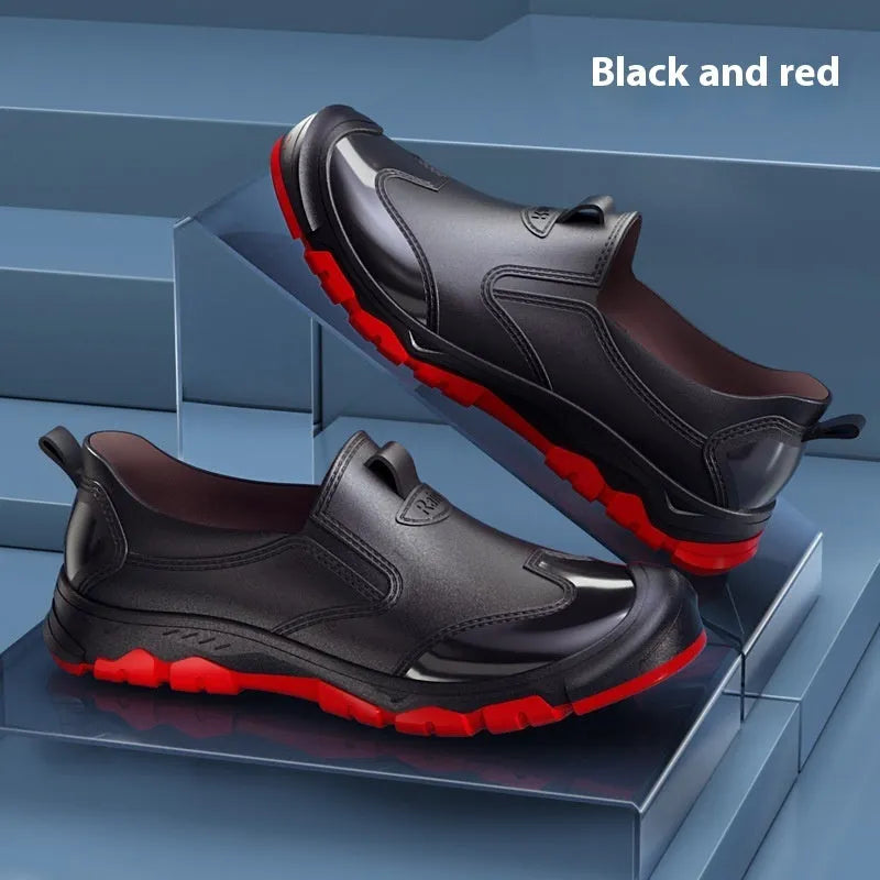 Korean style women's short tube PVC rain boots in black and red colour with round toe design