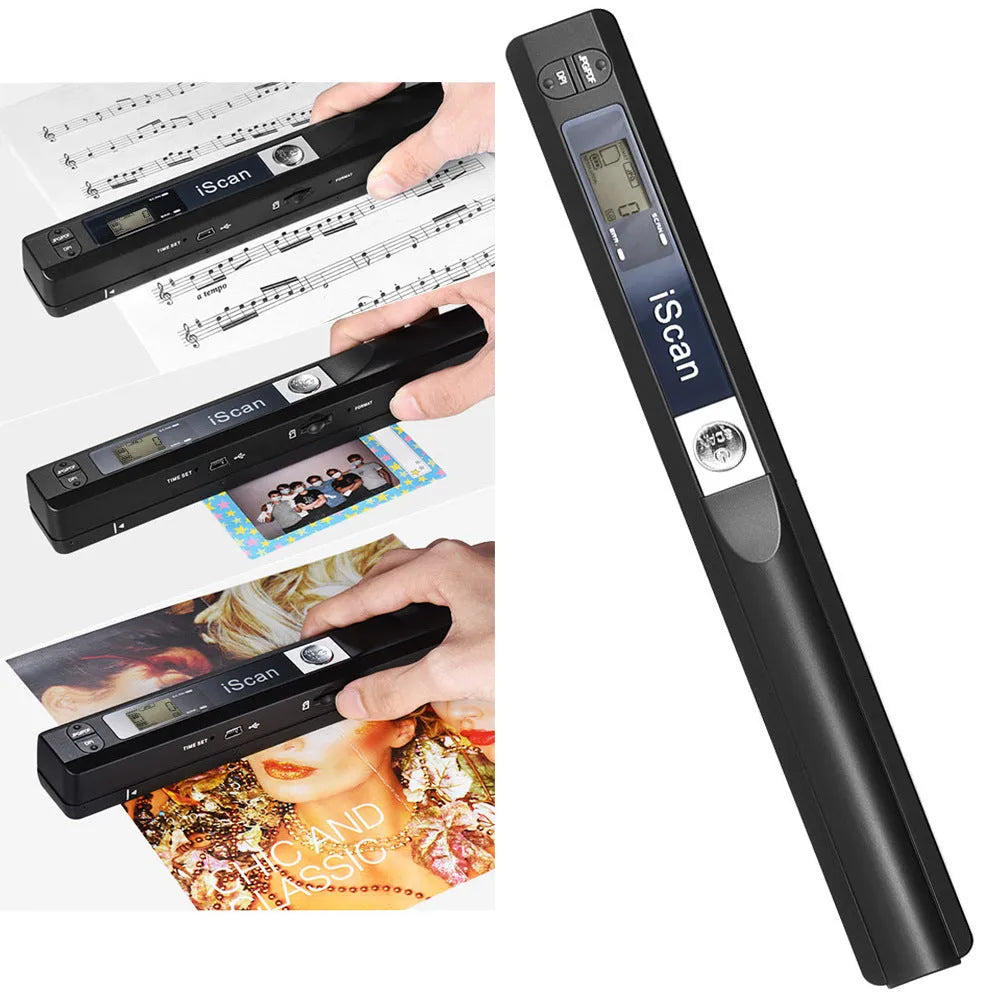 Handheld plastic scanner in multiple colours including black, blue, green, red, and silver with a USB cable.