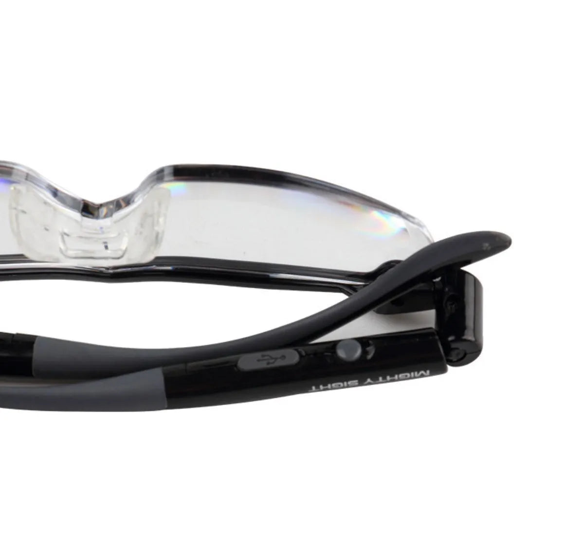 Transparent black USB LED reading glasses with illuminated frames on a dark background.