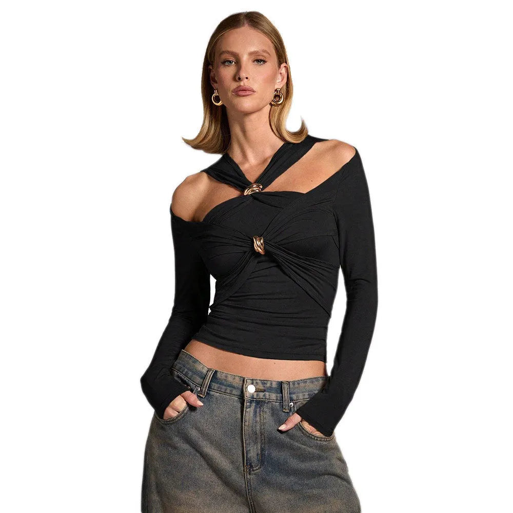 Black women's halter top with shoulder-baring neckline, slim fit, and long sleeves