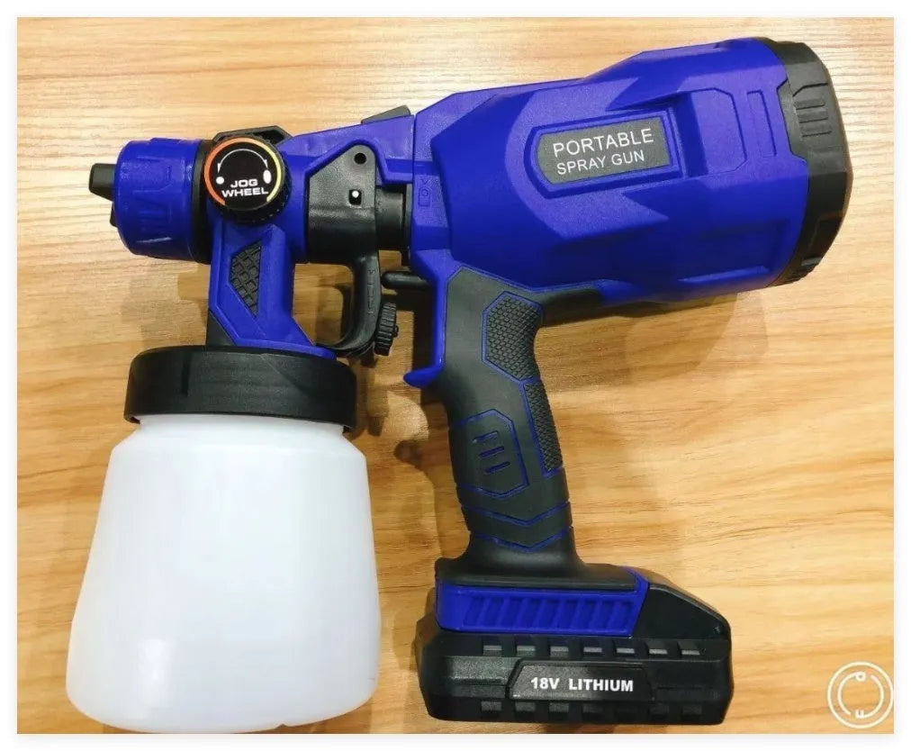 Cordless paint spraying machine with 800ml container and 1.8mm nozzle in blue or red
