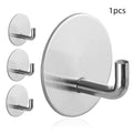 Stainless steel self-adhesive wall hook in black and polished finishes for bathroom or kitchen.