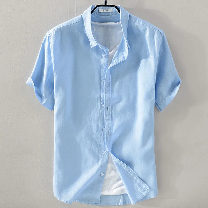 Men's short sleeve linen shirt in solid colour with loose fit design