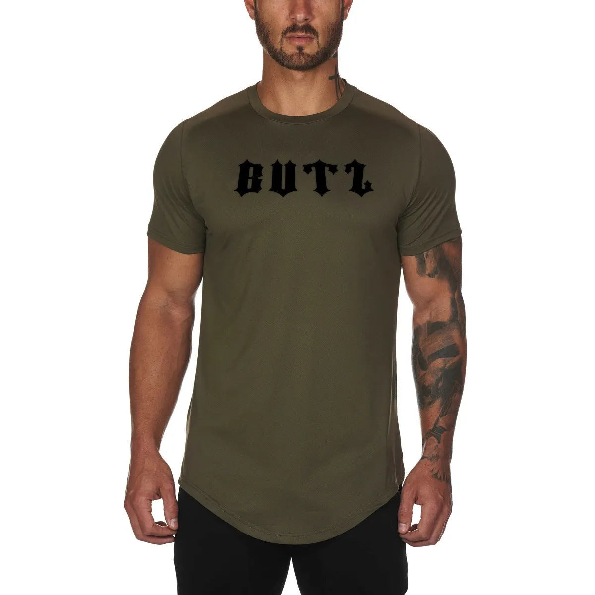 Mens plain gym shirt in army green with cotton-spandex fabric for workouts