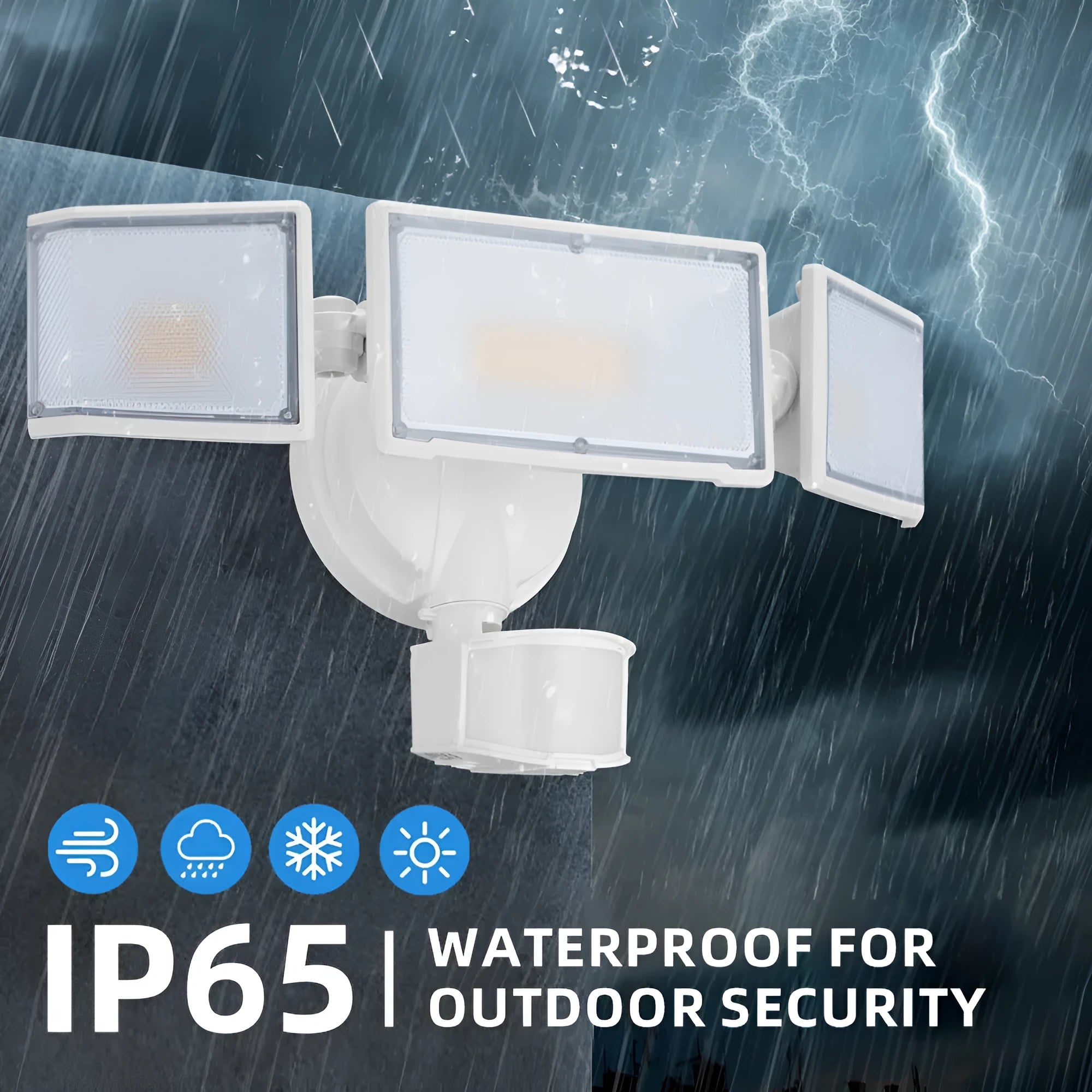 White 120V LED motion sensor security flood light with wall mount bracket