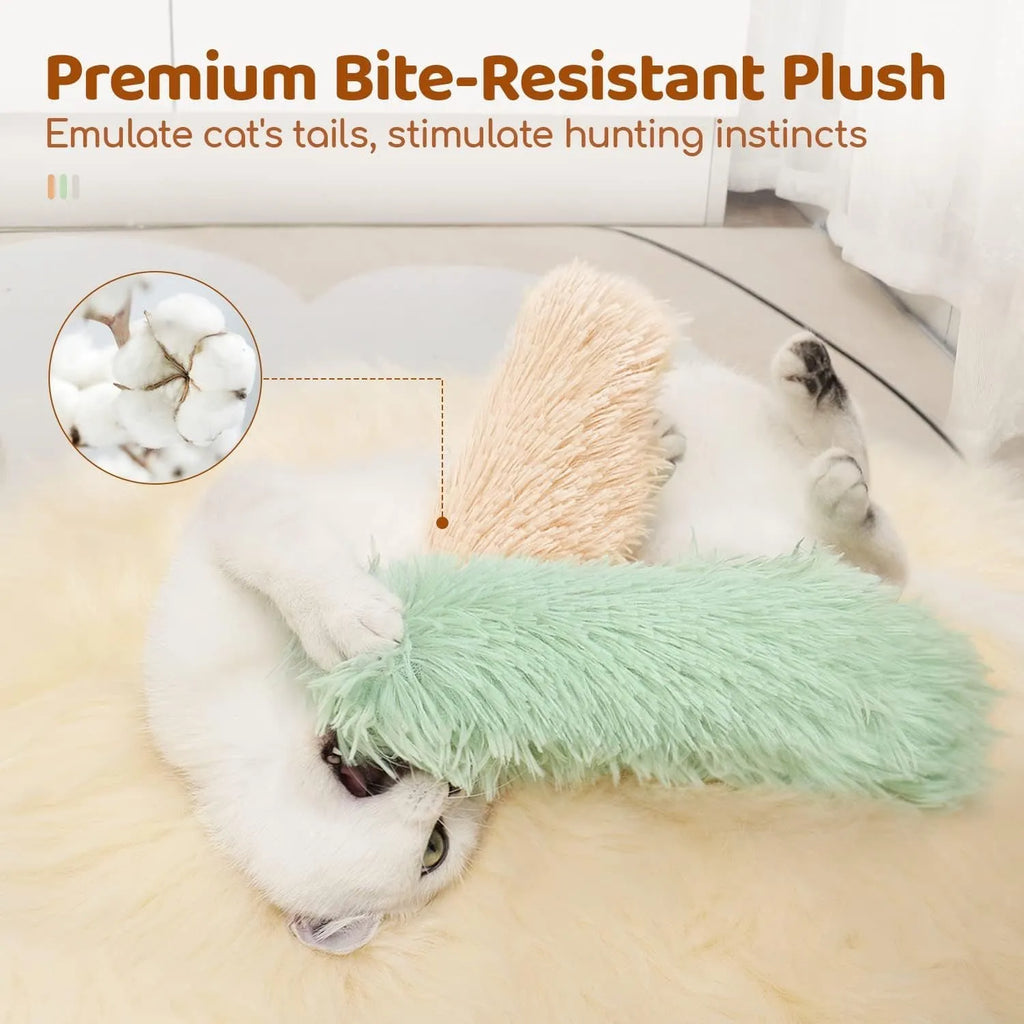 Soft plush cat toy pillow measuring 27x10cm available in blue green pink and white colours for pet play