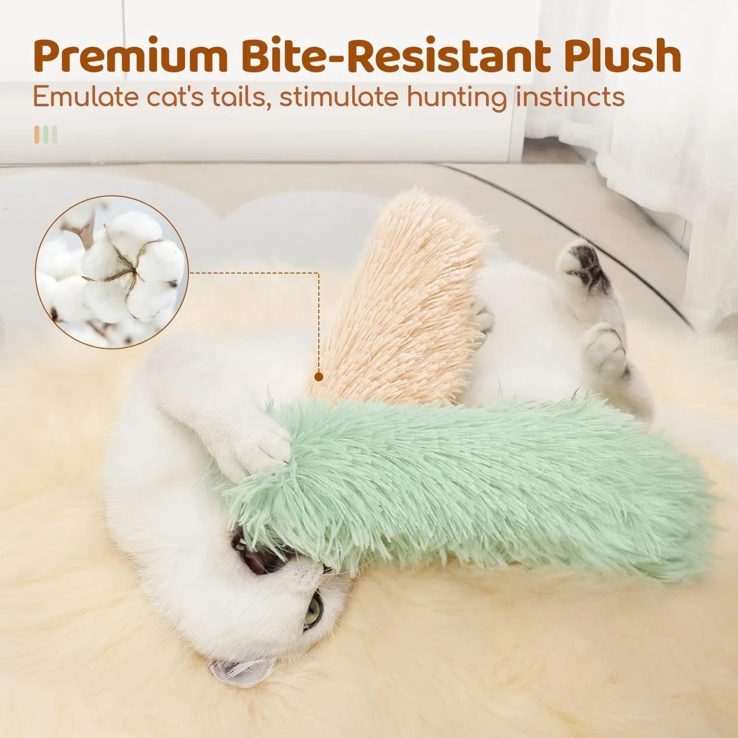 Soft plush cat toy pillow measuring 27x10cm available in blue green pink and white colours for pet play