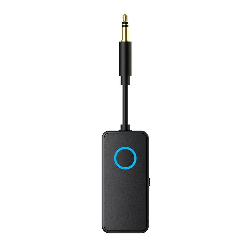 Black Bluetooth 5.4 audio adapter with flexible 3.5mm plug for wireless conversion of car stereos and speakers