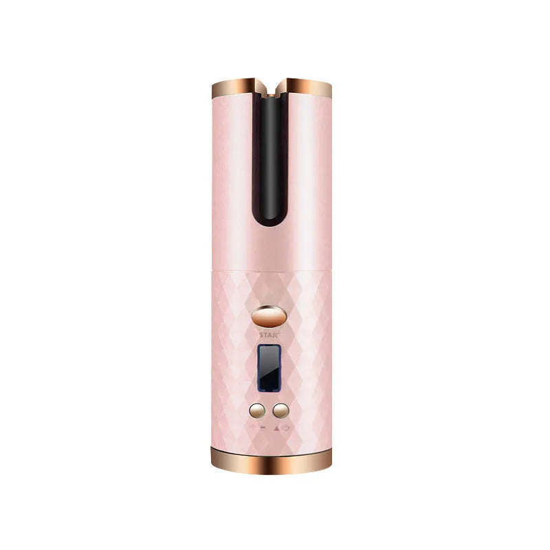White portable mini curling iron with USB charging cable and gold ceramic barrel.