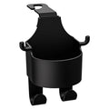 Black plastic car seat back organiser with cup holder and hook, shown from the side.