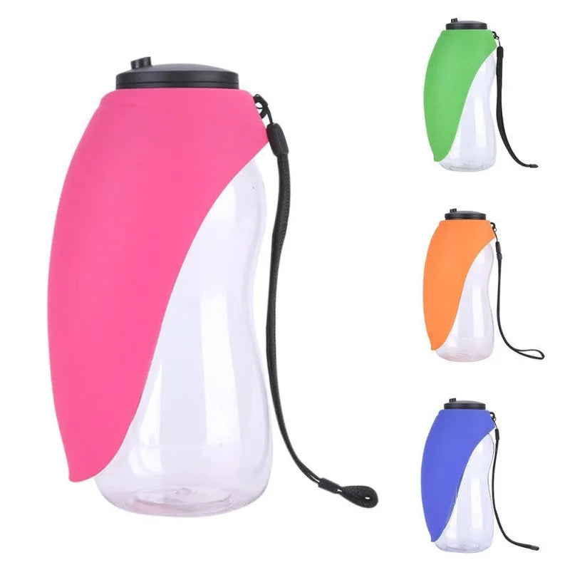 Blue portable pet water bottle with fold-out drinking bowl and carabiner clip for outdoor use