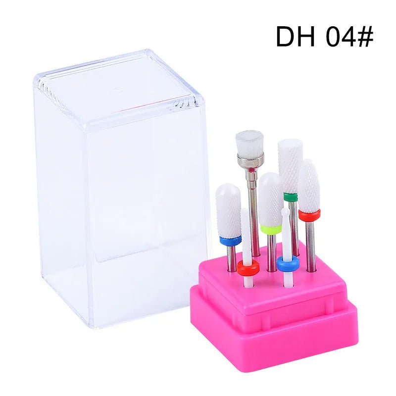 Tungsten steel nail drill bit set with 7 pieces including bits and brush in a clear case.