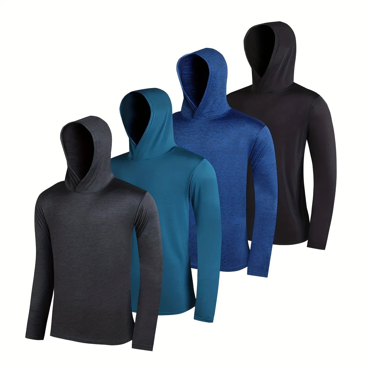 A stack of four men's lightweight polyester hoodies in various colours, showing both hooded and non-hooded styles.