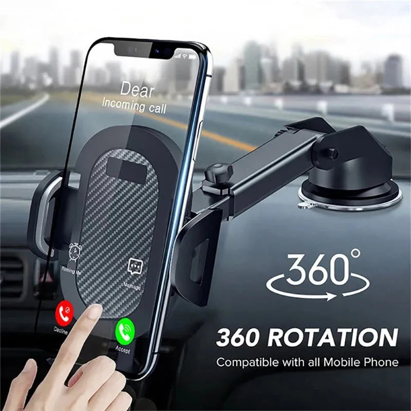 Black car phone holder with adjustable clamp for mobile devices between 4 and 7 inches