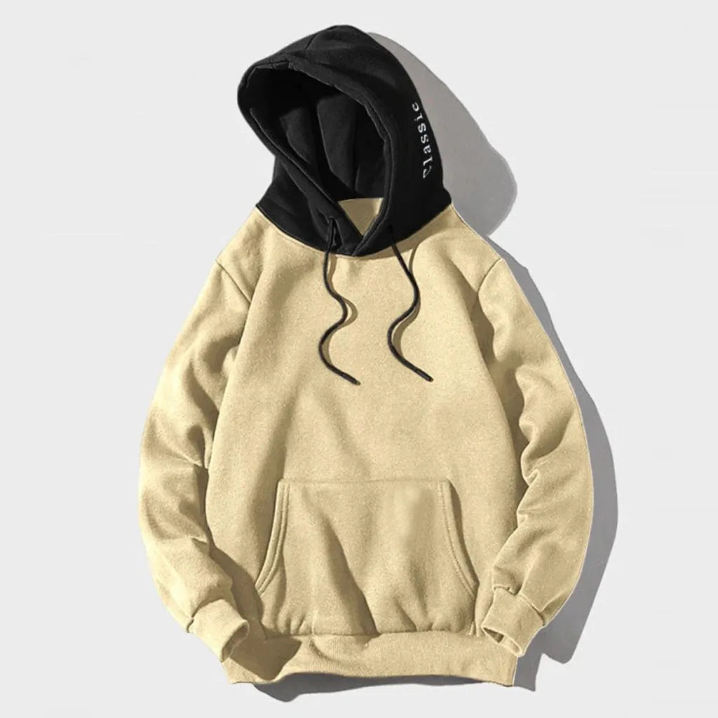 Men's casual spandex hoodie in apricot, long sleeve, pullover style, available in sizes S to XXL
