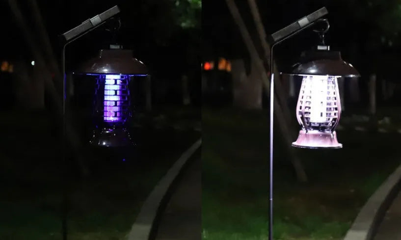 White solar powered outdoor mosquito repellent lamp with solar panel on top and LED light beads.