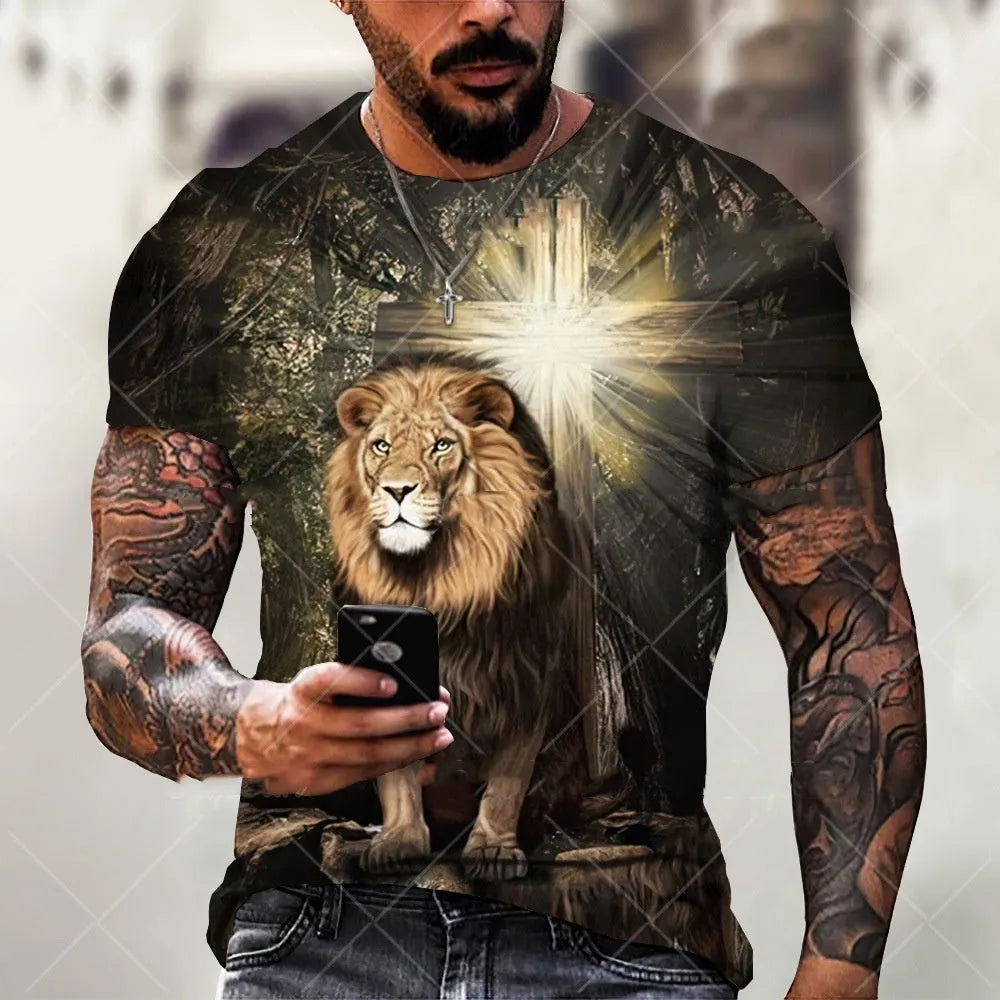 Men's grey t-shirt featuring a raised 3D printed Jesus Christ portrait on the chest.