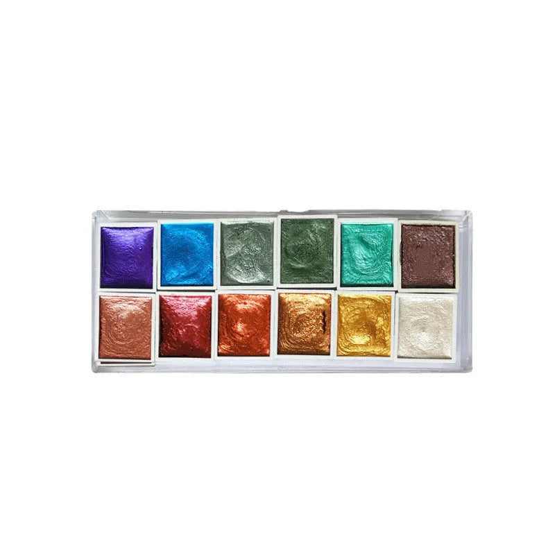 Box of solid watercolour pigment cakes in gem, pearl, or starlight colours for painting and nail art.