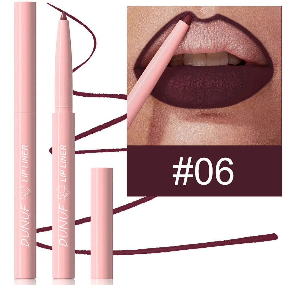 Matte velvet lip liner pencil showing 12 colour shades from nude to plum