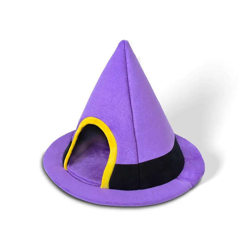 Purple cloth Halloween witch hat shaped cat bed measuring 60 by 45 centimetres