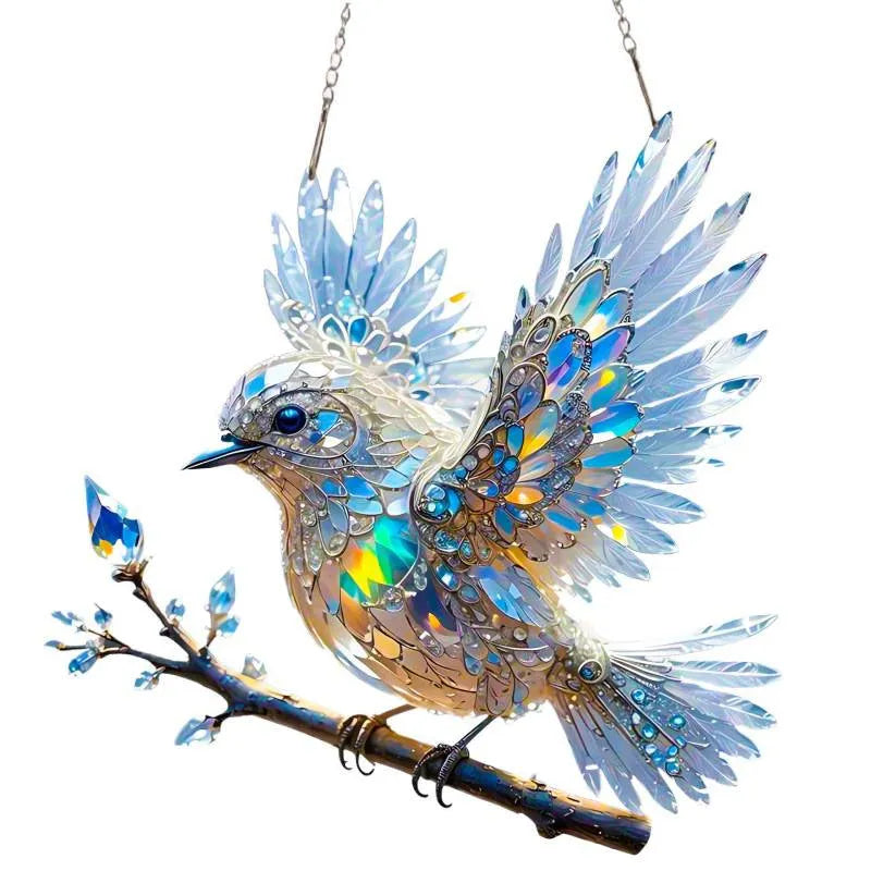 Acrylic bird pendant holiday decoration with UV-printed cartoon design on reinforced cardboard backing