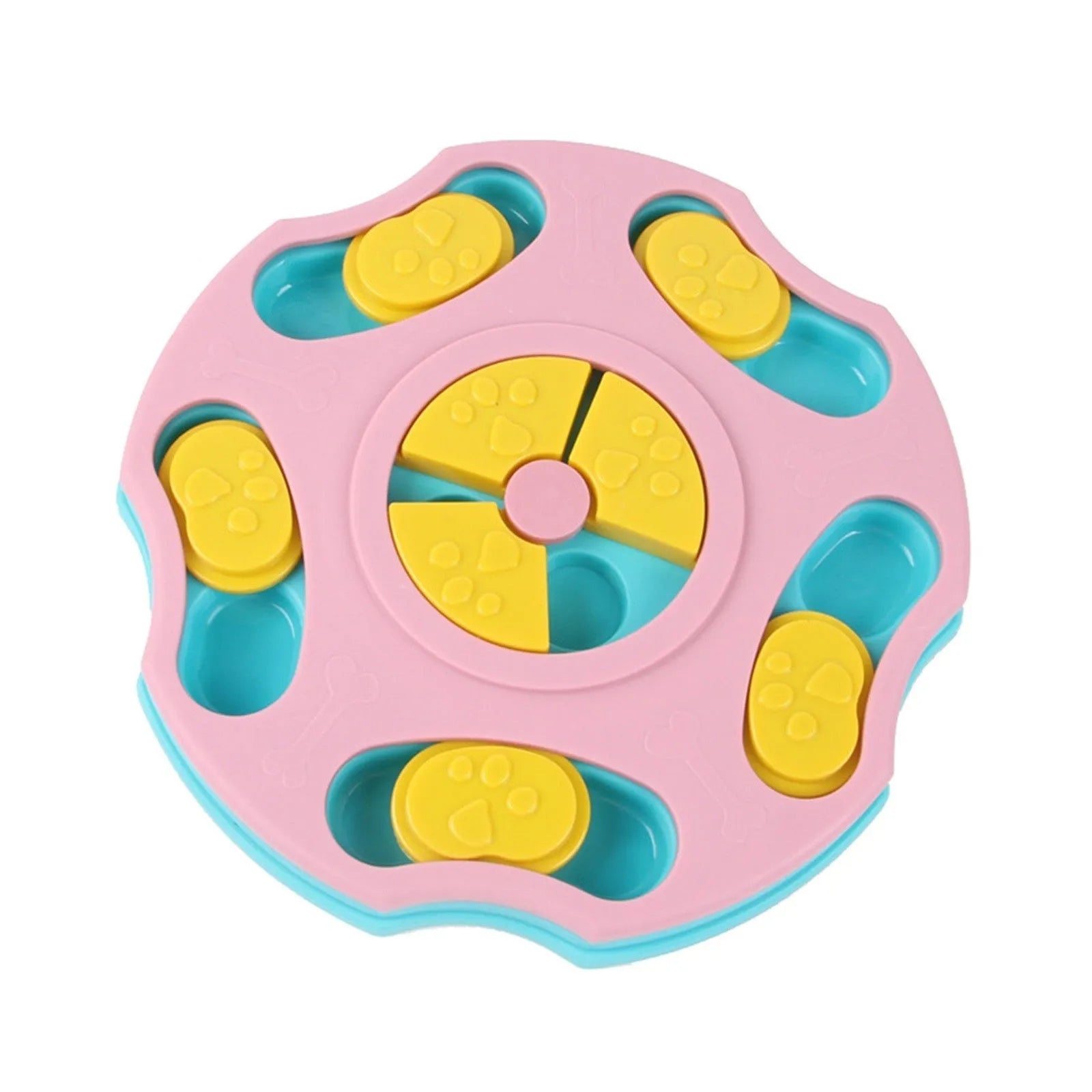 Blue and pink dog puzzle feeder toy with food compartments for interactive play and slow feeding