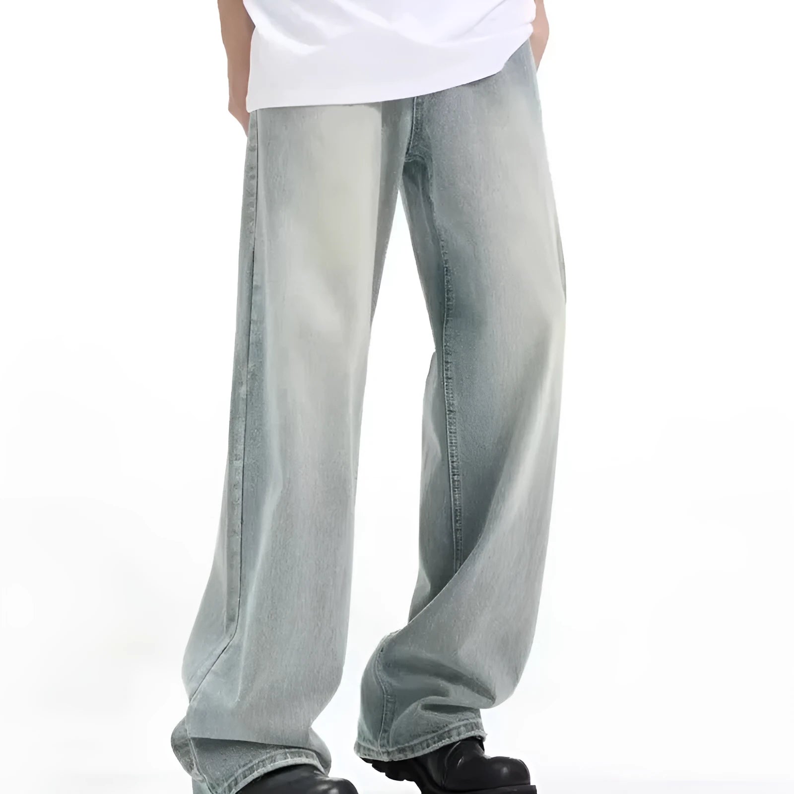Blue retro-style loose fit trousers made from rabbit fur fabric on a neutral background.