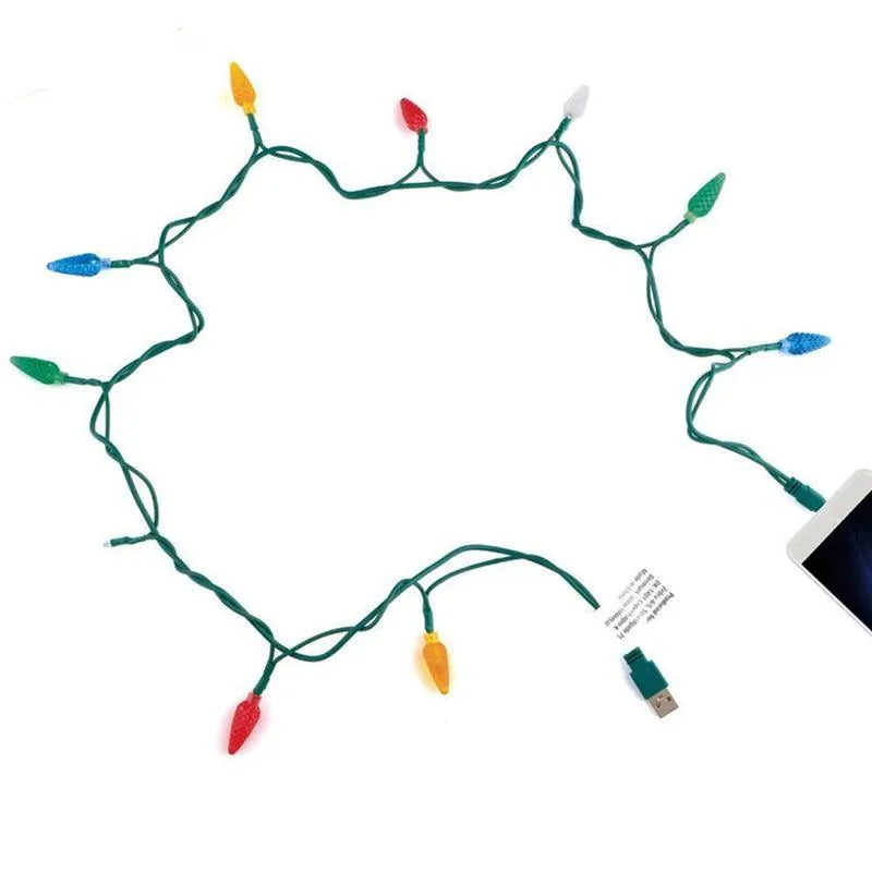 Green USB charging cable with 10 small LED lights illuminated along its length for festive decoration.