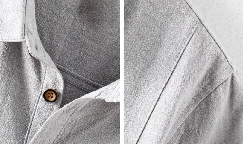 Men's loose fit cotton and linen shirt in solid colour options like navy blue and milky white for leisure wear