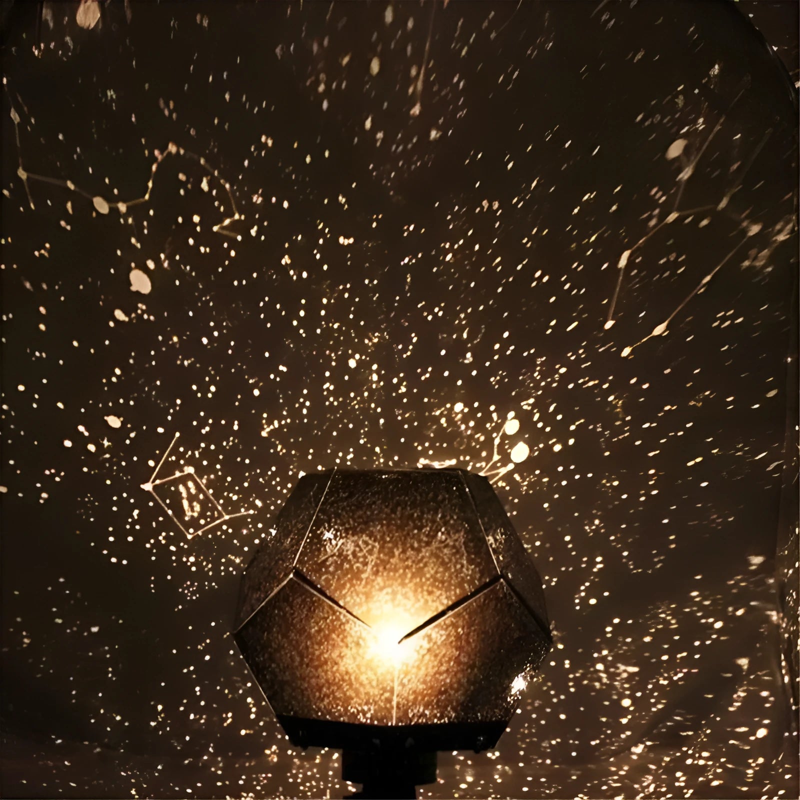 LED star projector showing 3D constellation projection on bedroom ceiling with remote control