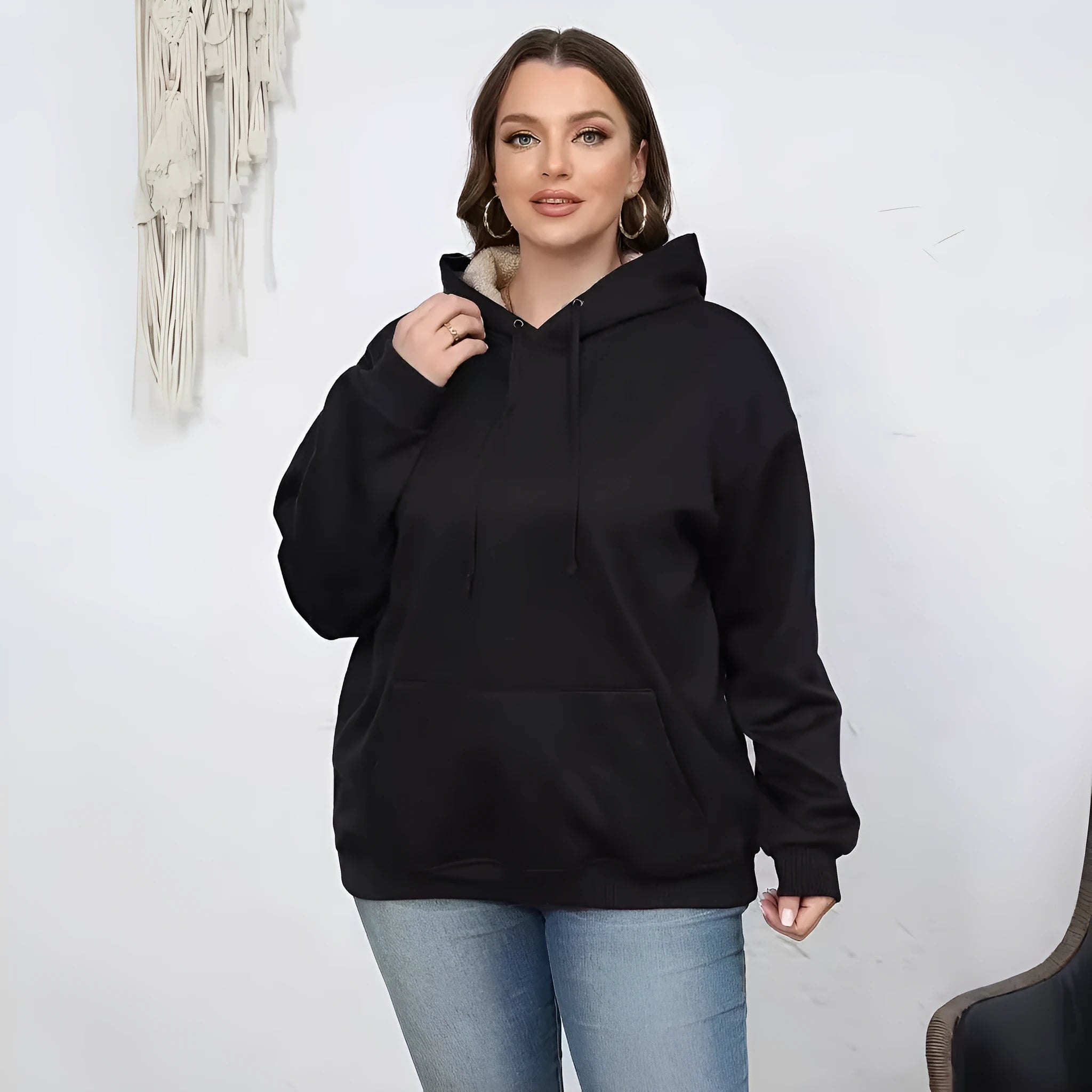 Women's thick grey hooded sweater with a raised 3D pattern, loose fit