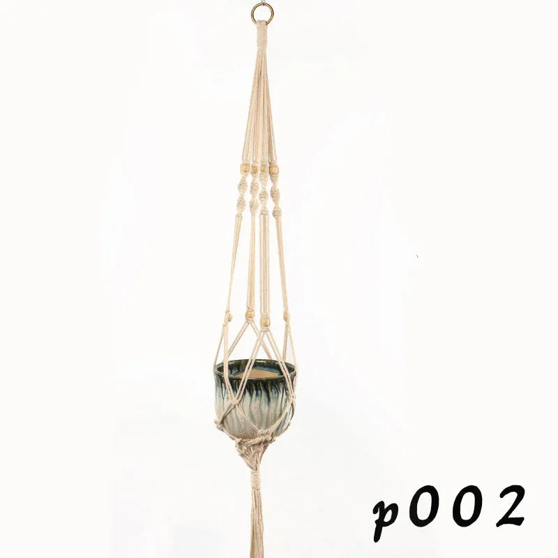 Woven wire plant hanger with cotton rope and jute twine in multiple style configurations