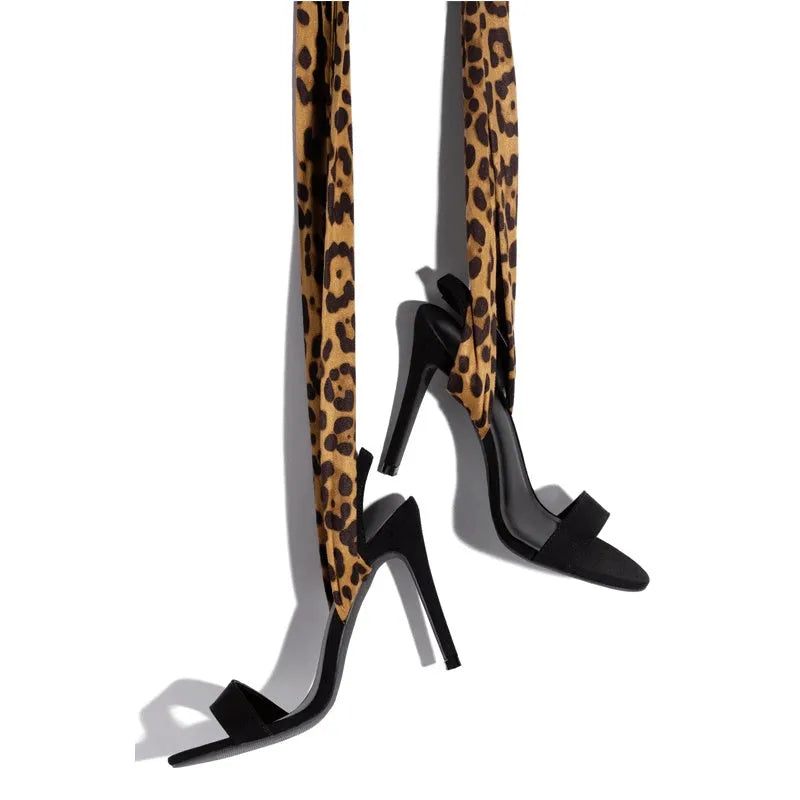 Light brown leopard print Roman-style stiletto heels with cross straps and super-high 8cm heel