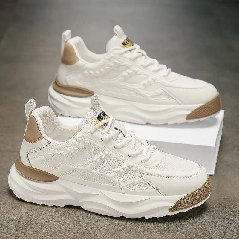 Men's white breathable mesh shoes with round toe and solid colour design