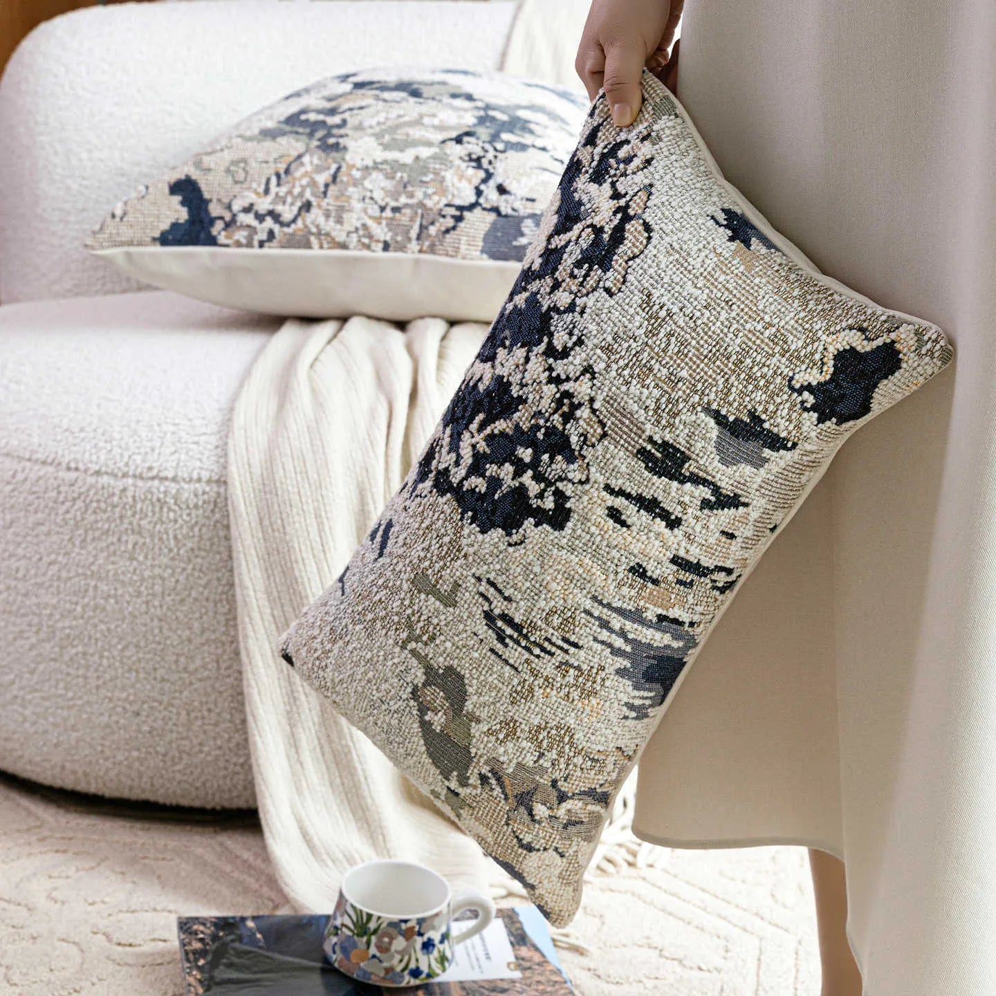 Antique blue abstract floral patterned wool blend cushion cover in square and waist pillow sizes.