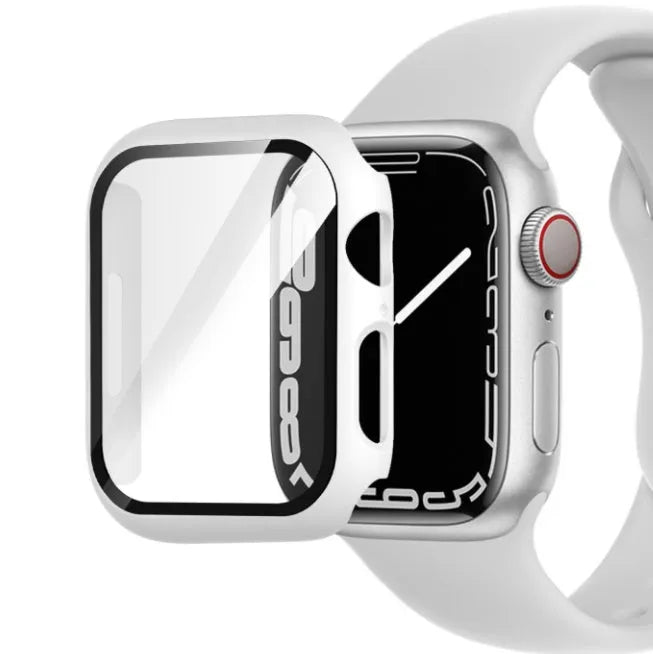 PC tempered film replacement case for Apple Watch in various colours and sizes on display.