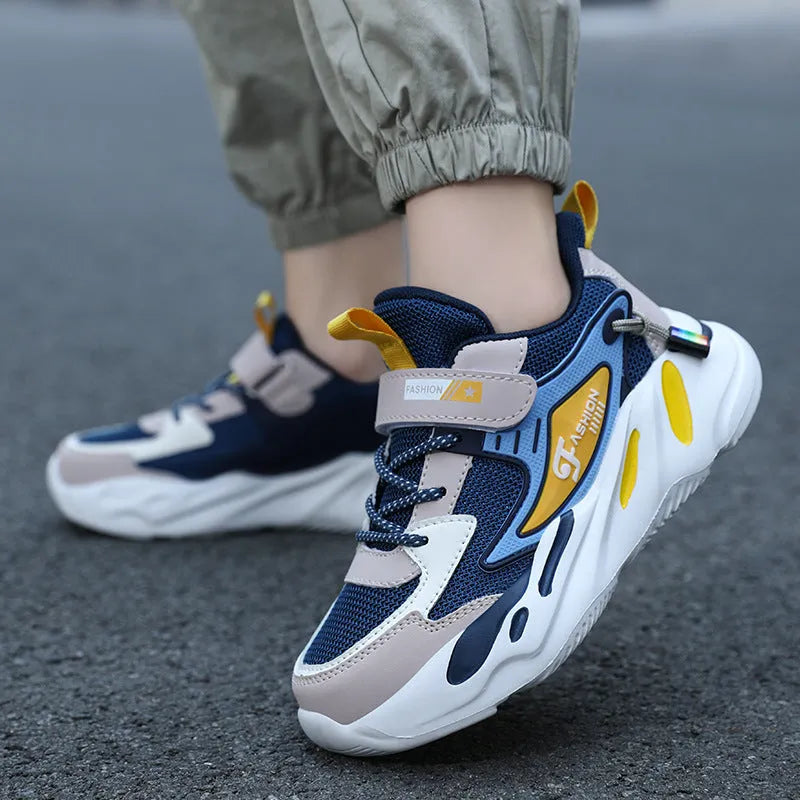 Boys' dark blue PU mesh sports running shoes with non-slip MD soles and Velcro fastening