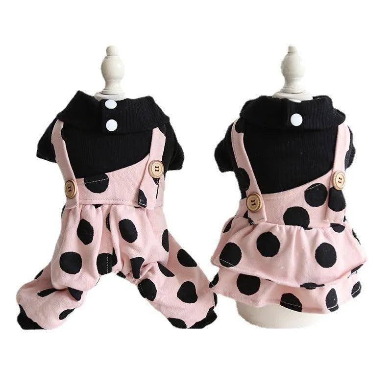 Lapel shoulder strap couple pet clothes set showing four-legged and skirt style options for dogs.