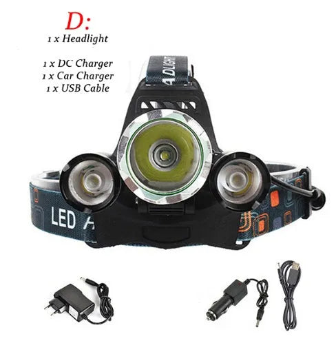 Rechargeable aluminium LED headlamp with adjustable headband and 18650 battery.