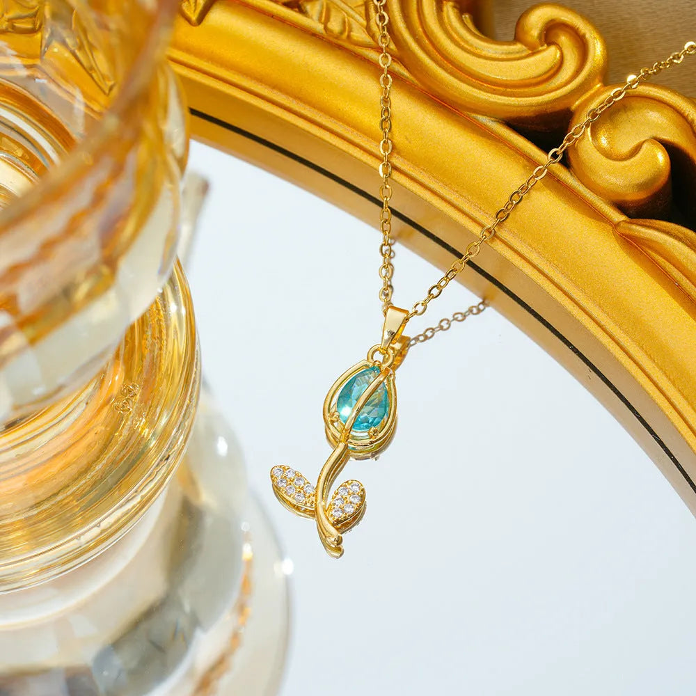Zircon tulip necklace with adjustable titanium steel chain and copper-plated gold pendant