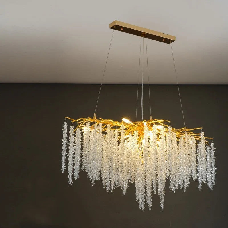 Adjustable height crystal LED chandelier in a choice of round or long styles for villa living room