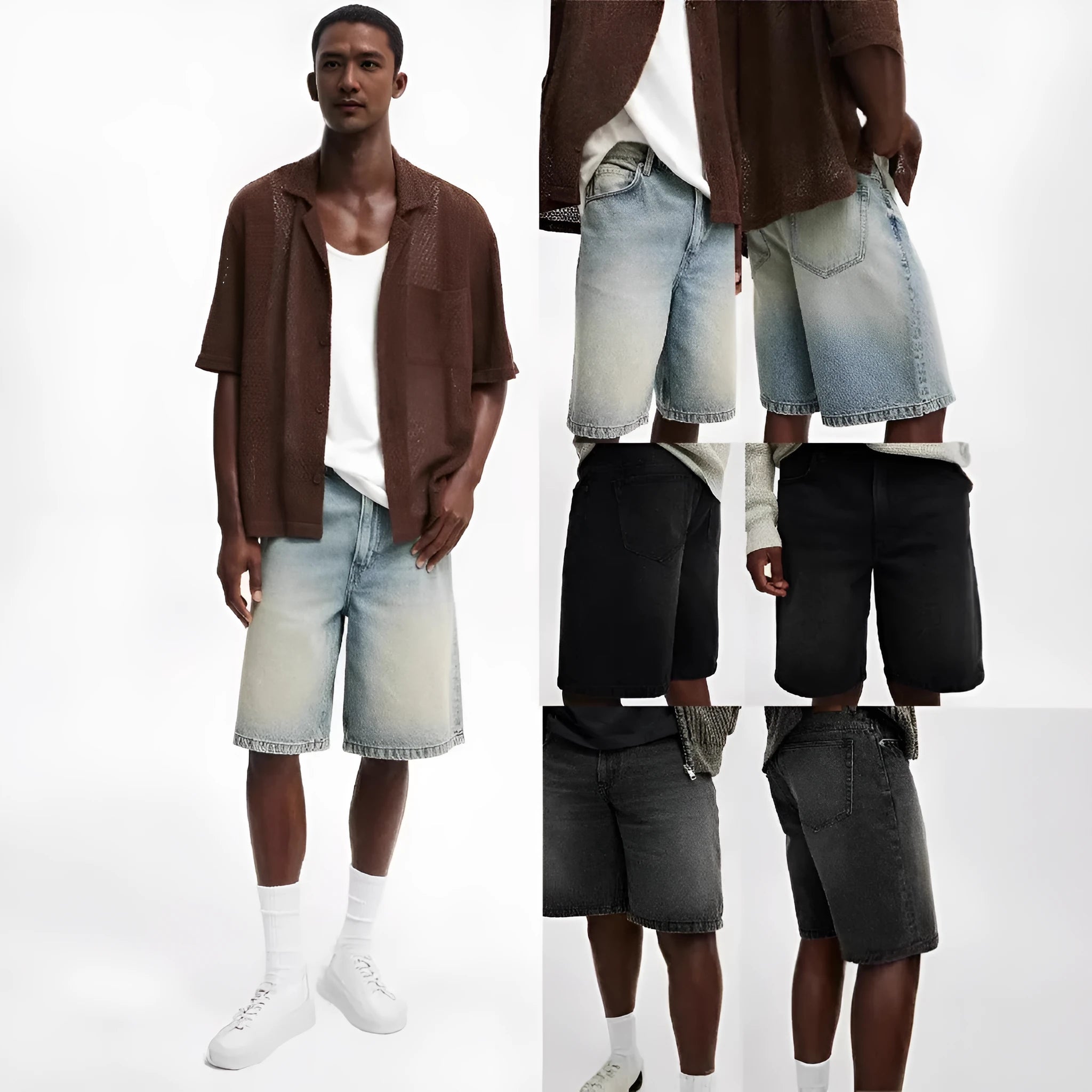Men's loose straight-leg cotton jeans in light blue, black or grey for summer wear